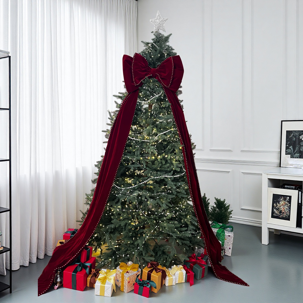 Extra Large Burgundy Velvet Christmas Tree Bow with Pearl Trim