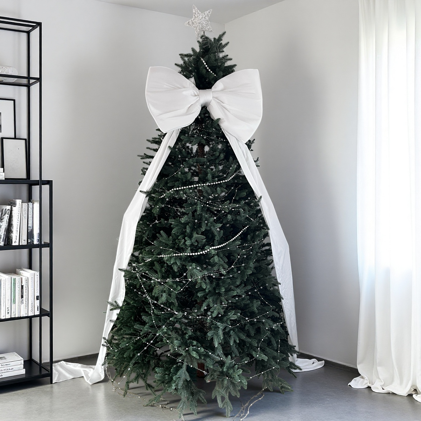 Luxury Giant Crystal Satin Christmas Tree Bow | Oversized White Holiday Tree Topper with Long Tails