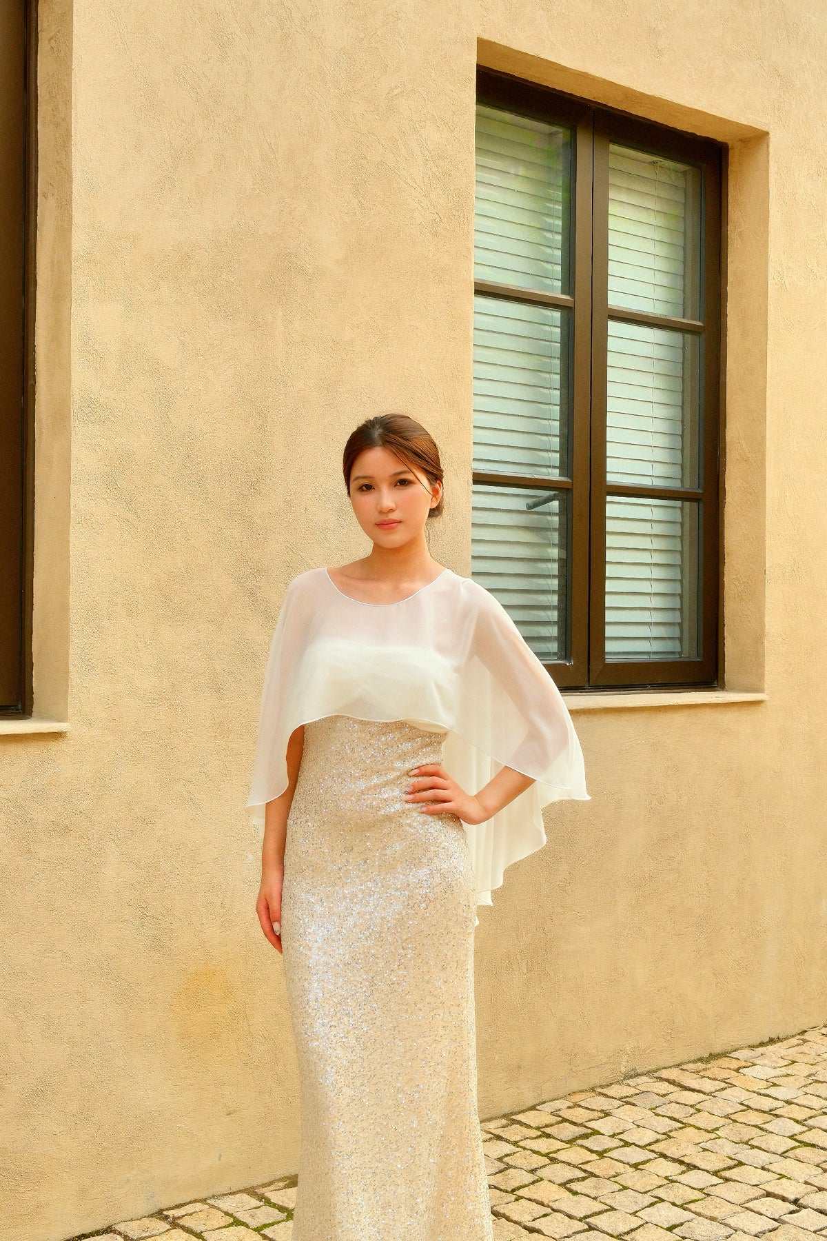 Elegant Chiffon Bridal Cape Shawl – Soft Flowy Wedding Cover Up for Bridal & Evening Dress