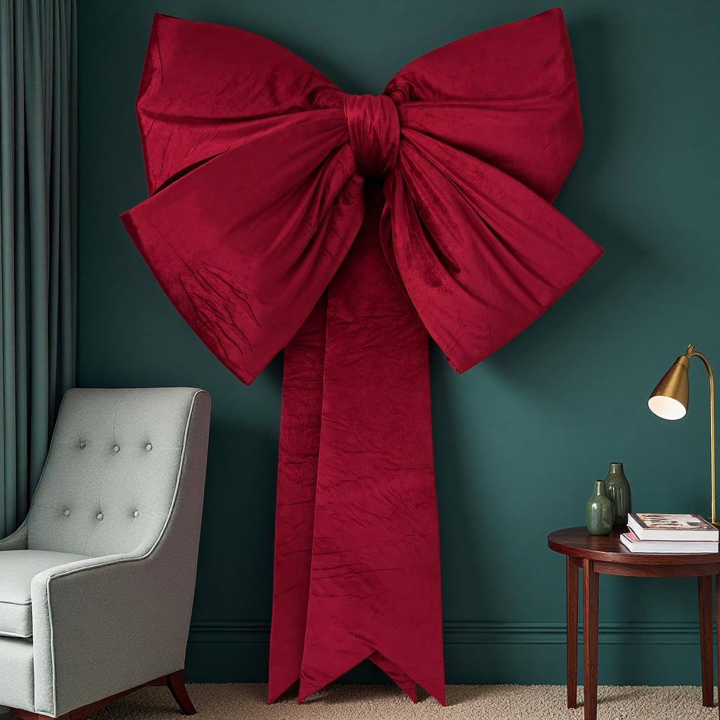 Oversized Red Velvet Christmas Tree Bow, Long Tails, Holiday Topper