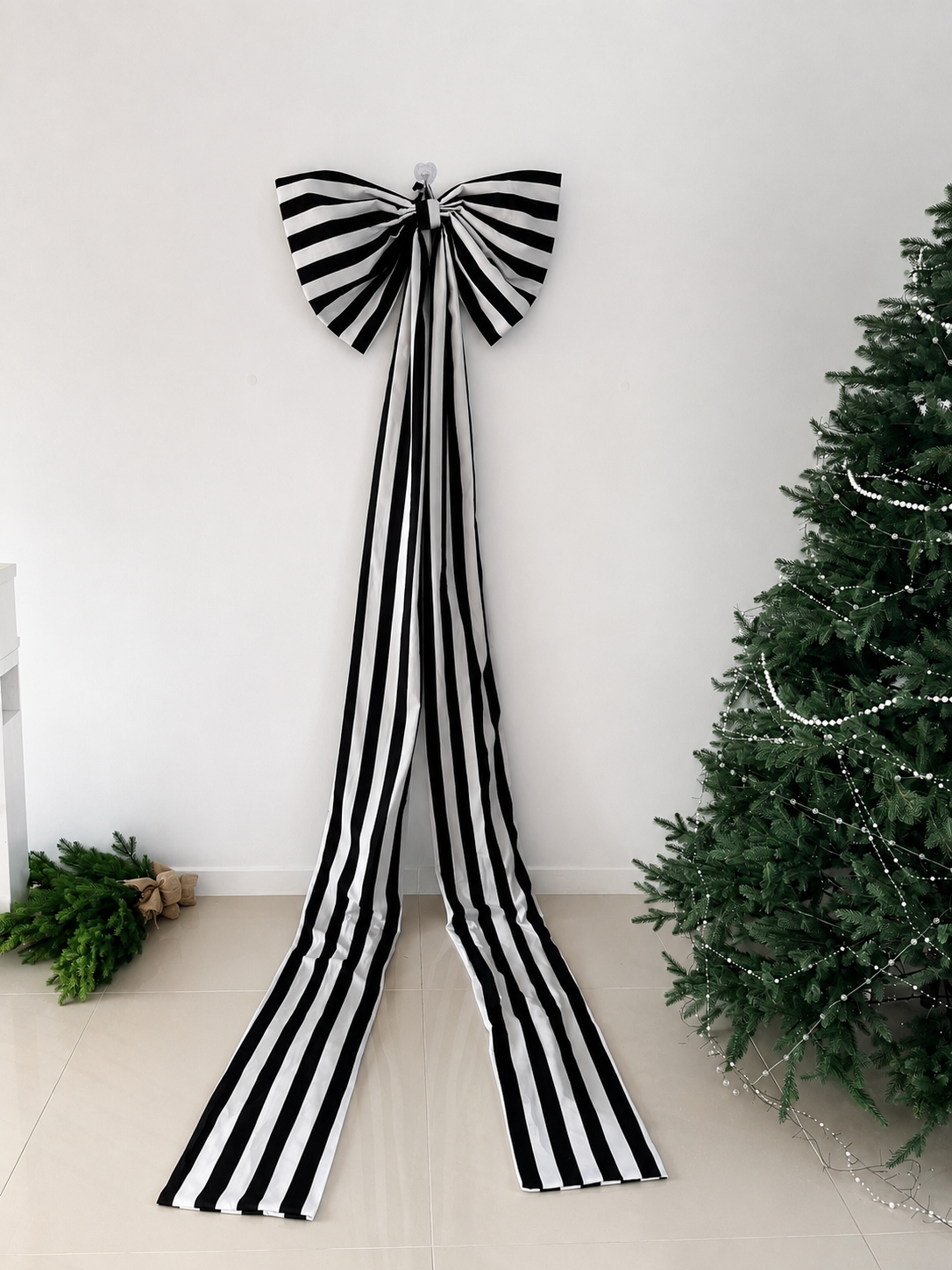 Large Black & White Striped Christmas Bow with Long Tails