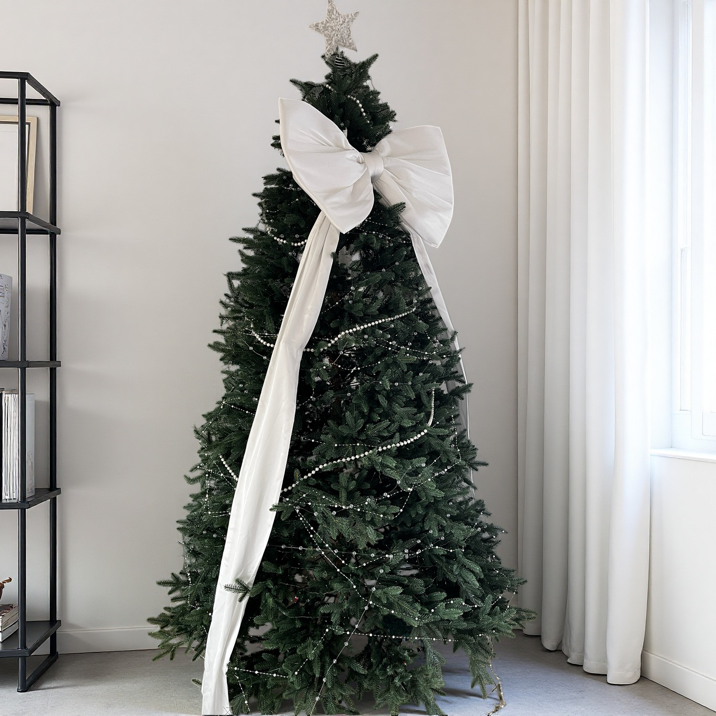 Luxury Giant Crystal Satin Christmas Tree Bow | Oversized White Holiday Tree Topper with Long Tails