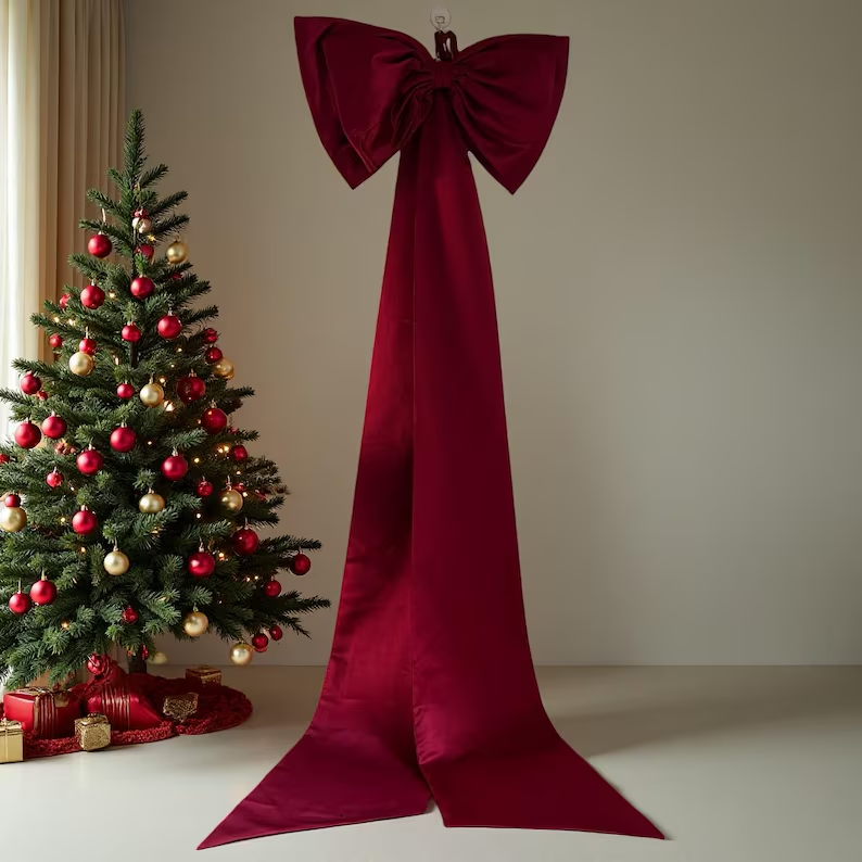 Large Red Velvet Christmas Tree Bow, Oversized Holiday Decoration