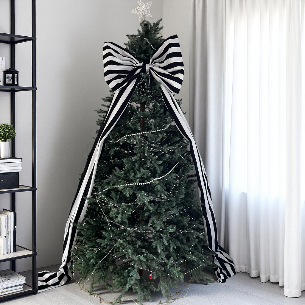 Large Black & White Striped Christmas Bow with Long Tails
