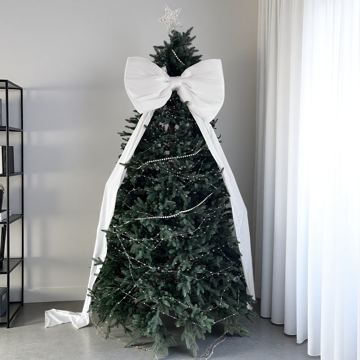 Luxury Giant Crystal Satin Christmas Tree Bow | Oversized White Holiday Tree Topper with Long Tails