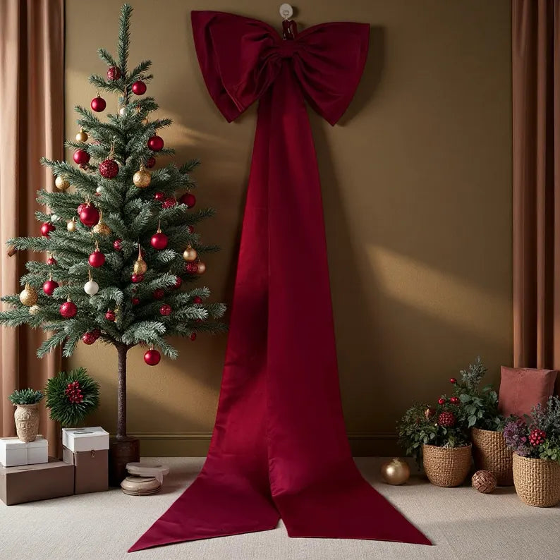Large Red Velvet Christmas Tree Bow, Oversized Holiday Decoration