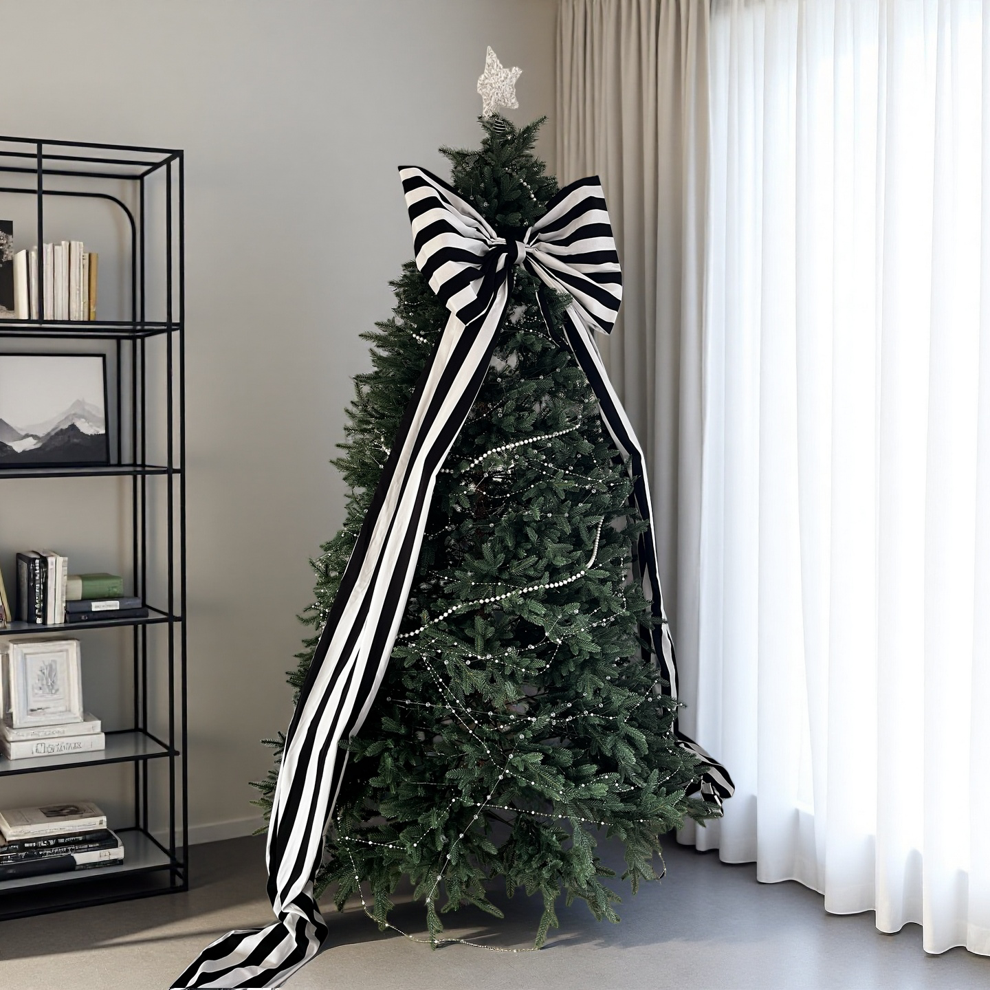 Large Black & White Striped Christmas Bow with Long Tails