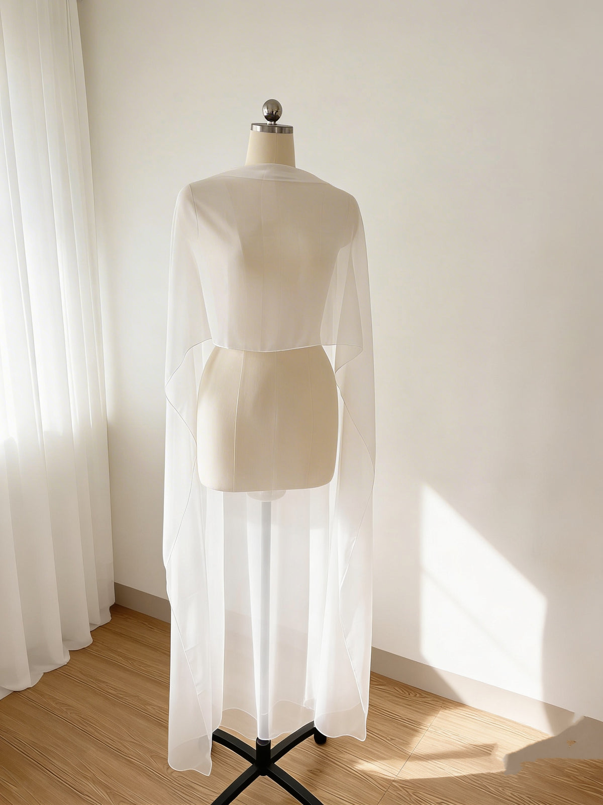Sheer Chiffon Bridal Cape Shawl – Lightweight Ivory Wedding Cover Up, Flowing Long Back Wrap