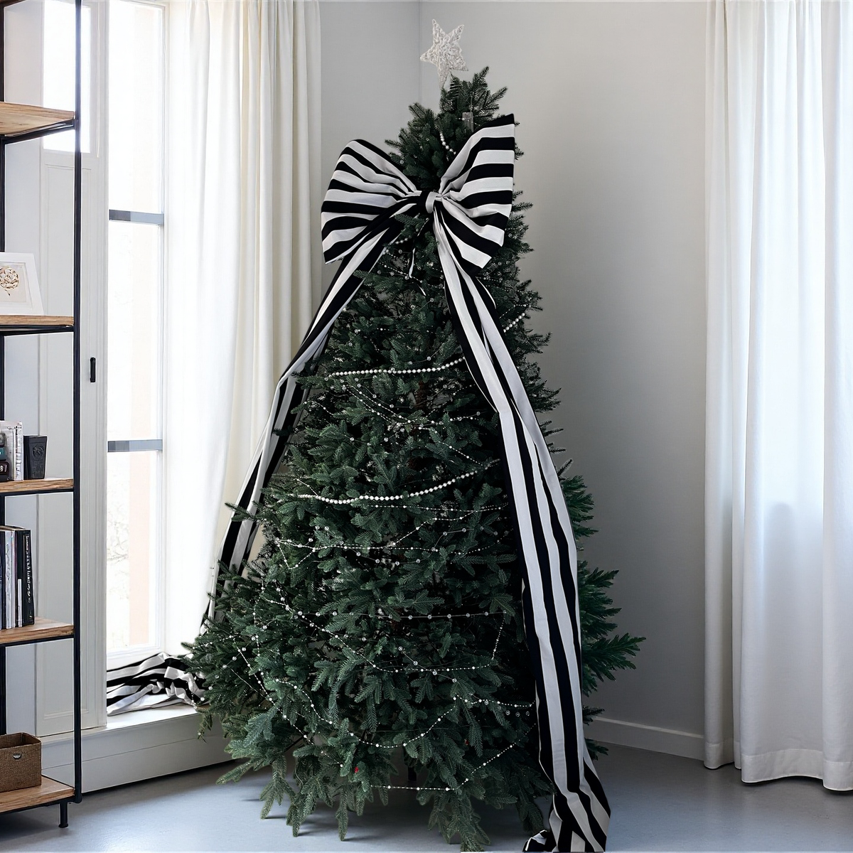 Large Black & White Striped Christmas Bow with Long Tails