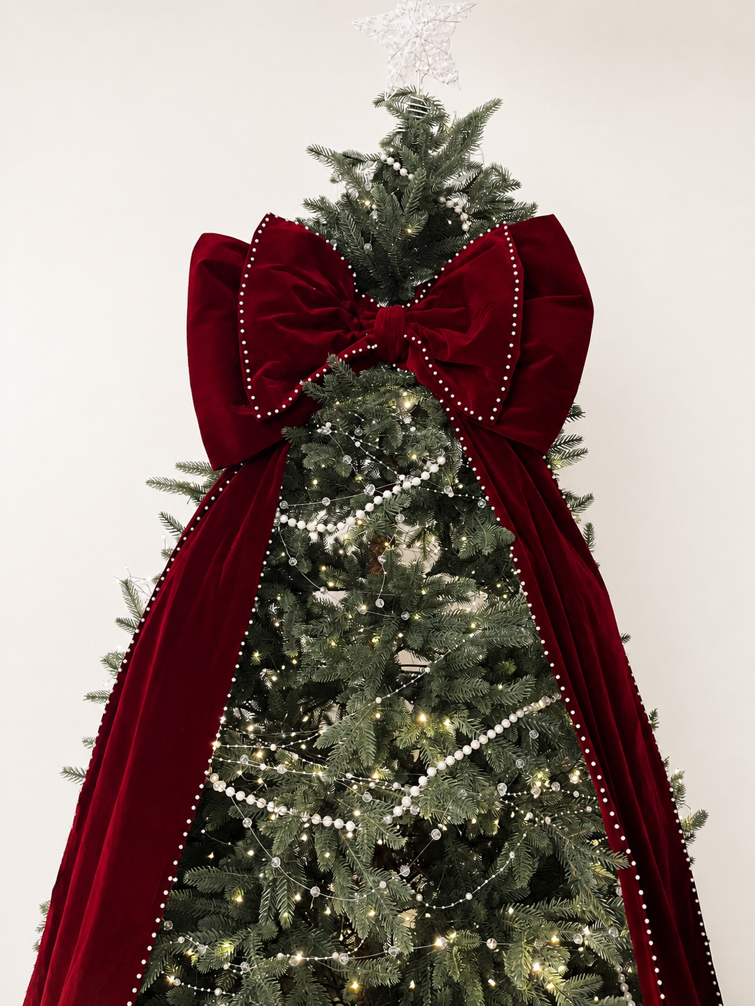 Extra Large Burgundy Velvet Christmas Tree Bow with Pearl Trim