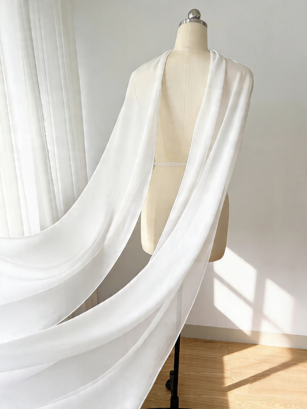 Sheer Chiffon Bridal Cape Shawl – Lightweight Ivory Wedding Cover Up, Flowing Long Back Wrap