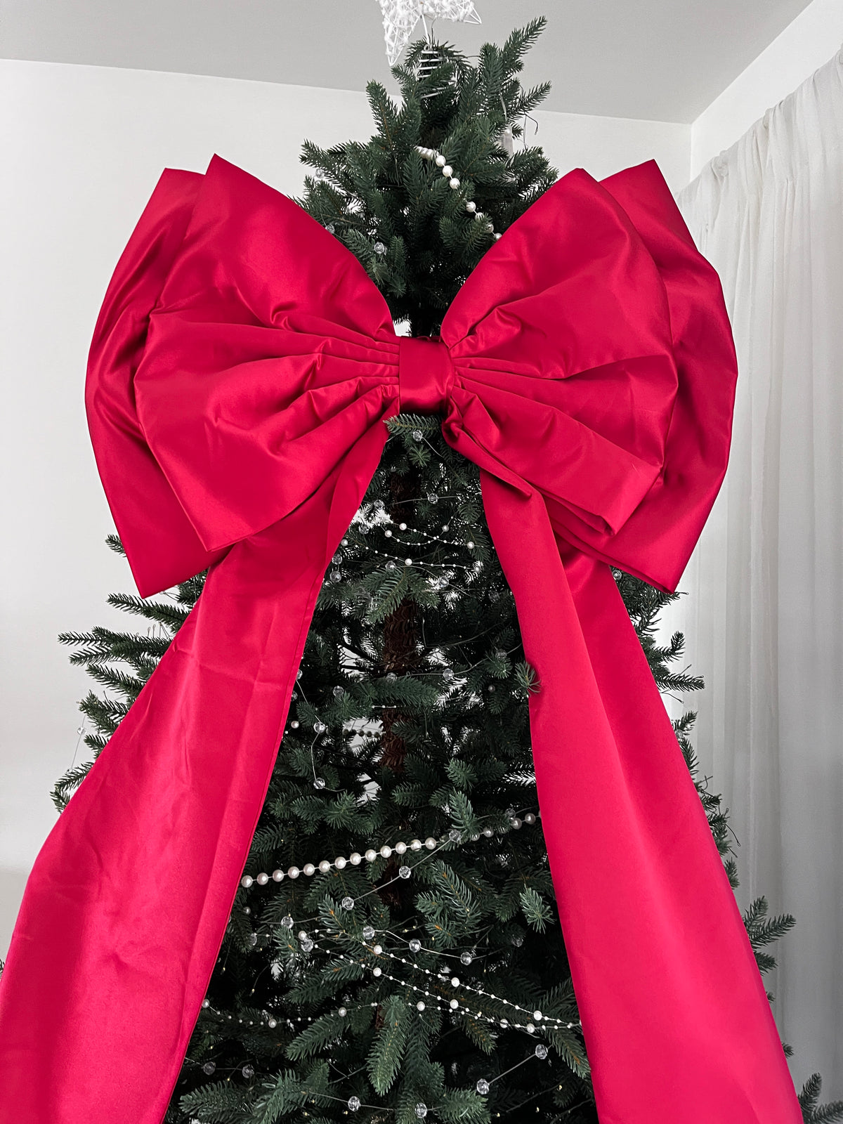 Giant Red Satin Christmas Tree Bow with Extra Long Tails