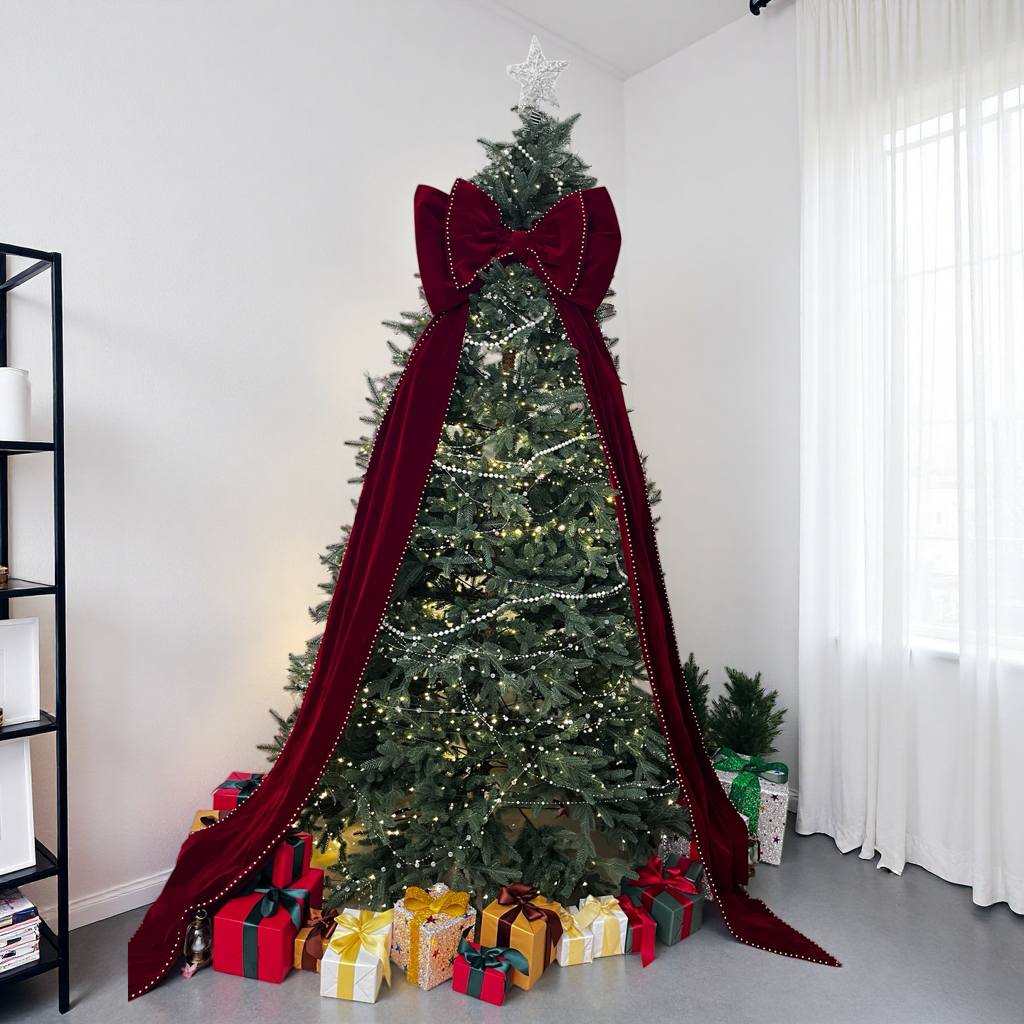 Extra Large Burgundy Velvet Christmas Tree Bow with Pearl Trim