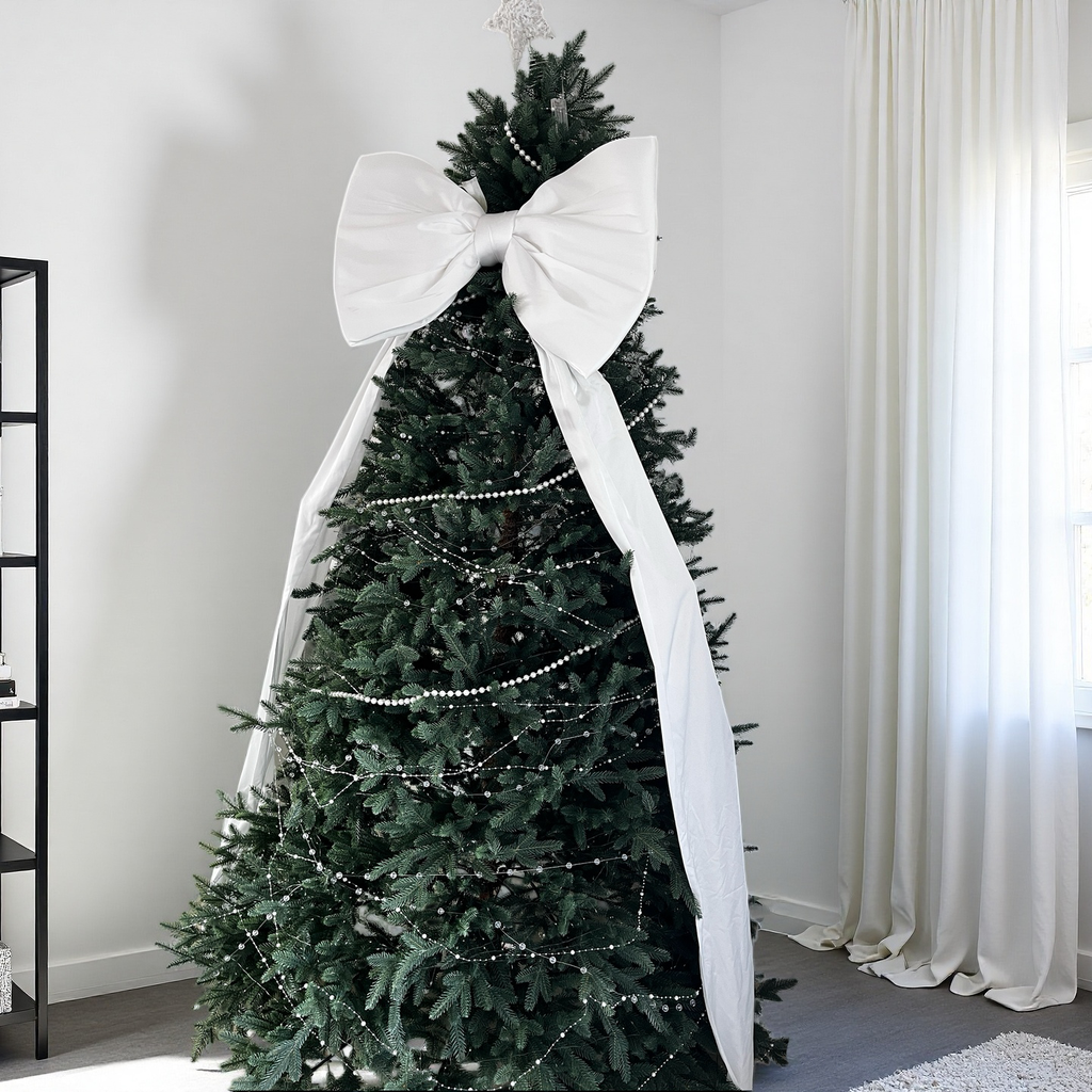 Luxury Giant Crystal Satin Christmas Tree Bow | Oversized White Holiday Tree Topper with Long Tails