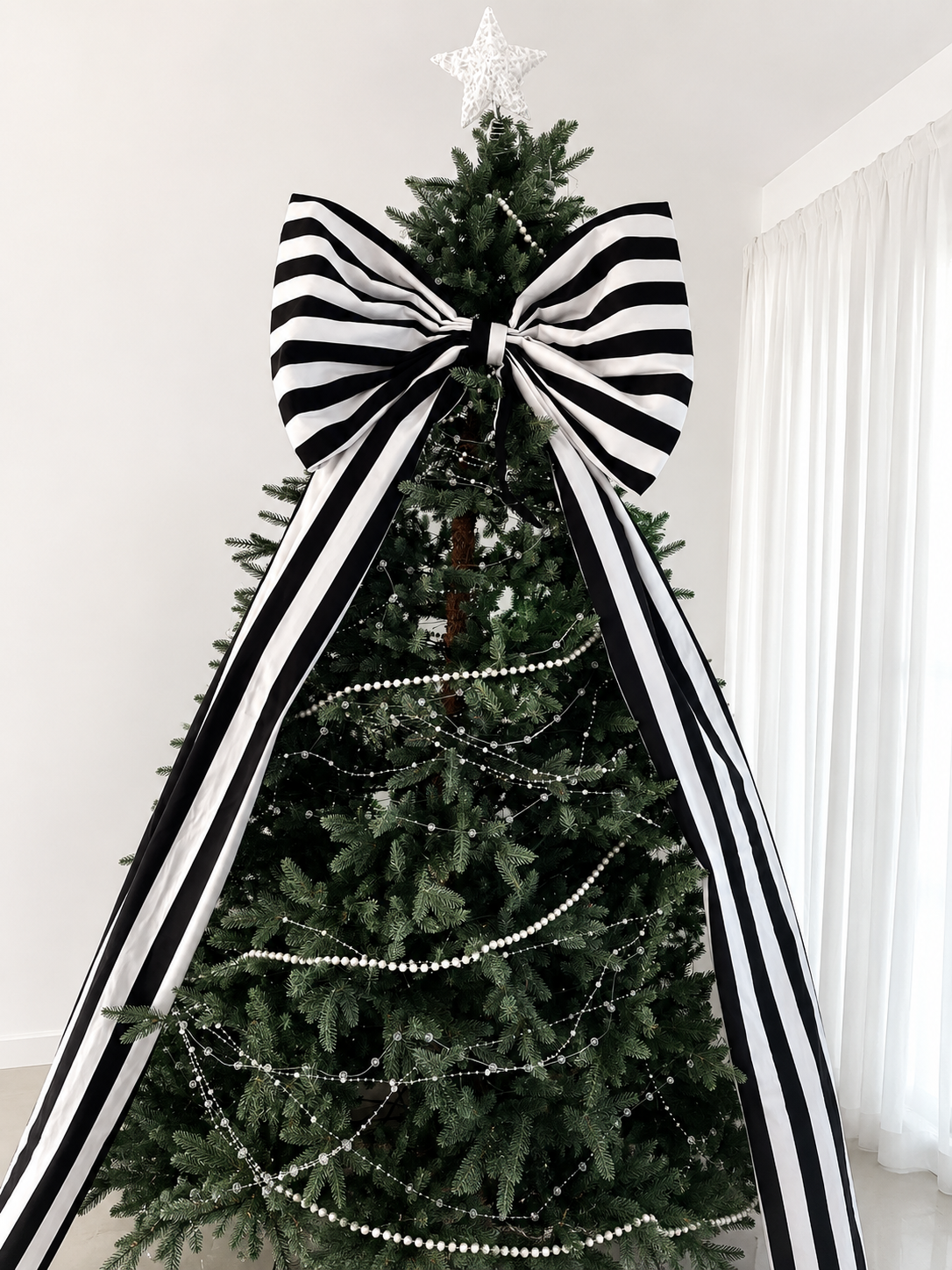 Large Black & White Striped Christmas Bow with Long Tails