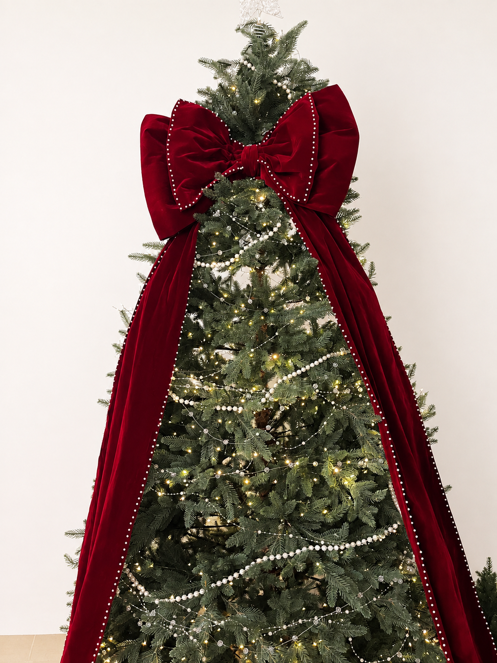 Extra Large Burgundy Velvet Christmas Tree Bow with Pearl Trim