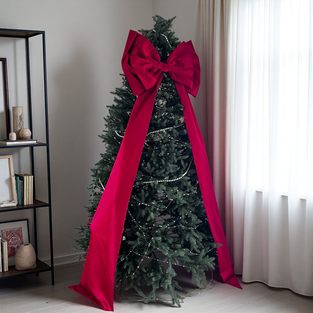 Giant Red Satin Christmas Tree Bow with Extra Long Tails