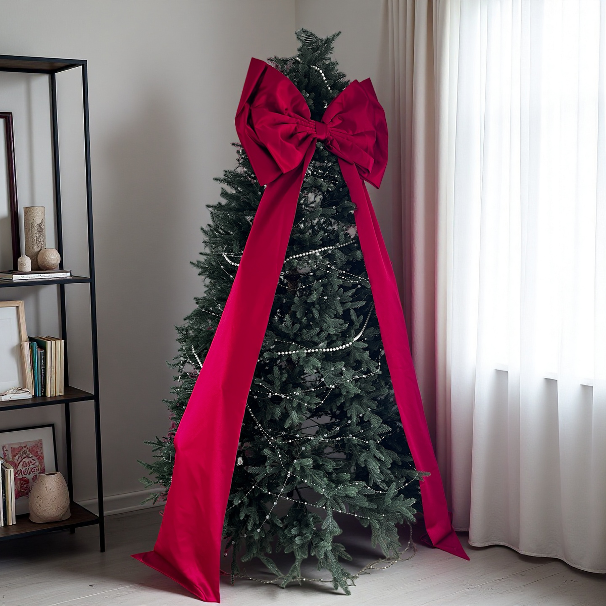 Giant Red Satin Christmas Tree Bow with Extra Long Tails