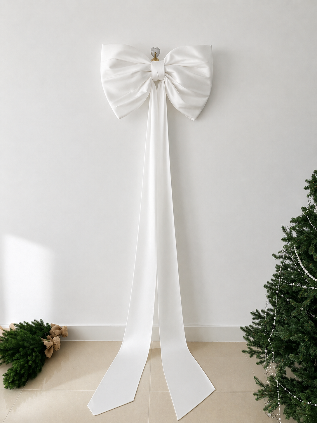 Luxury Giant Crystal Satin Christmas Tree Bow | Oversized White Holiday Tree Topper with Long Tails