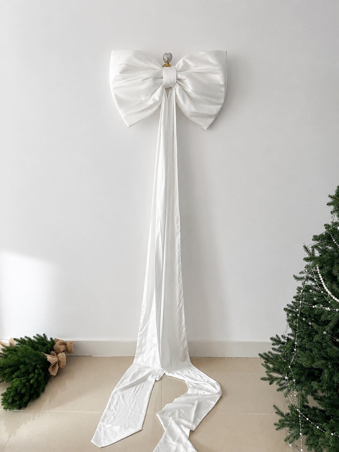 Luxury Giant Crystal Satin Christmas Tree Bow | Oversized White Holiday Tree Topper with Long Tails