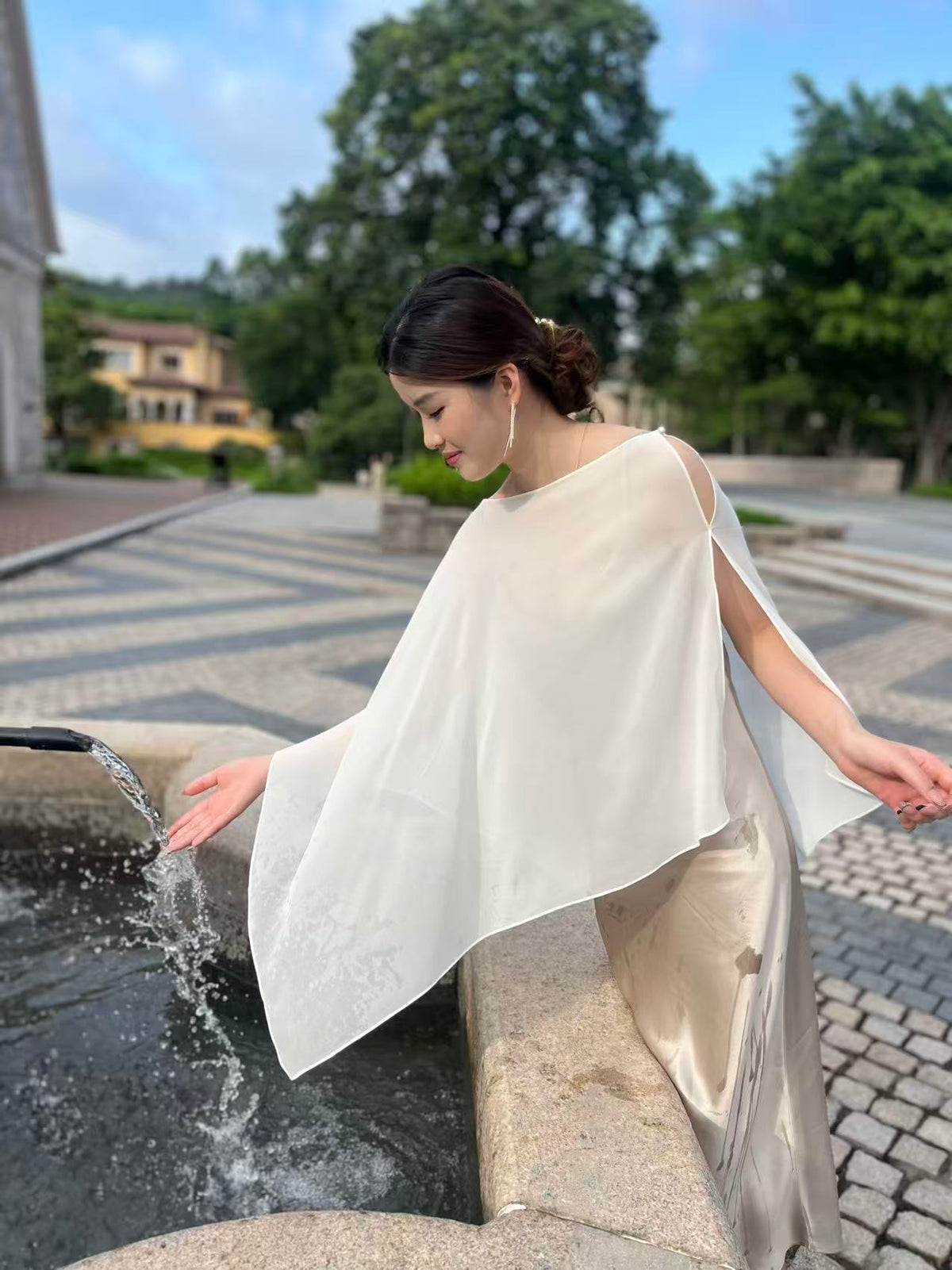Ivory Chiffon Wrap Top, Lightweight Sheer Evening Cover Up, Soft Draped Shoulder Shawl, Elegant Resort Layer