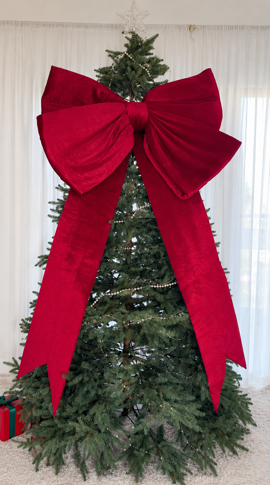 Oversized Red Velvet Christmas Tree Bow, Long Tails, Holiday Topper