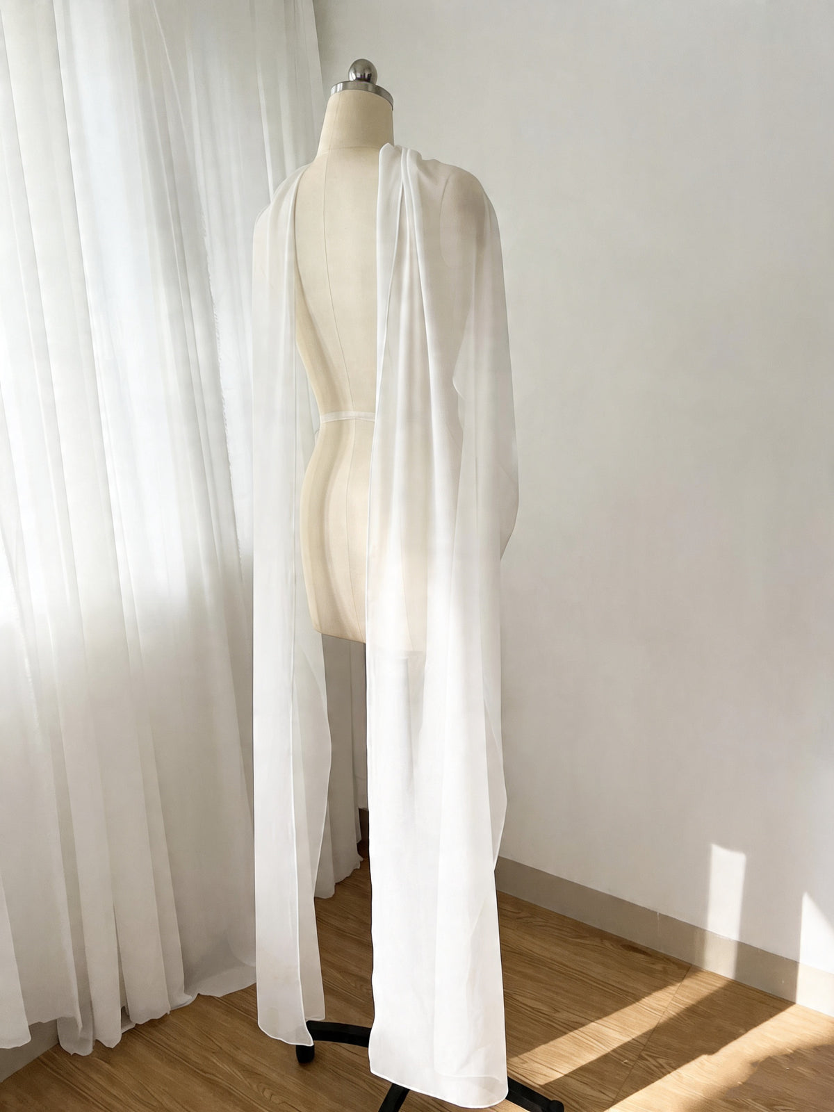Sheer Chiffon Bridal Cape Shawl – Lightweight Ivory Wedding Cover Up, Flowing Long Back Wrap