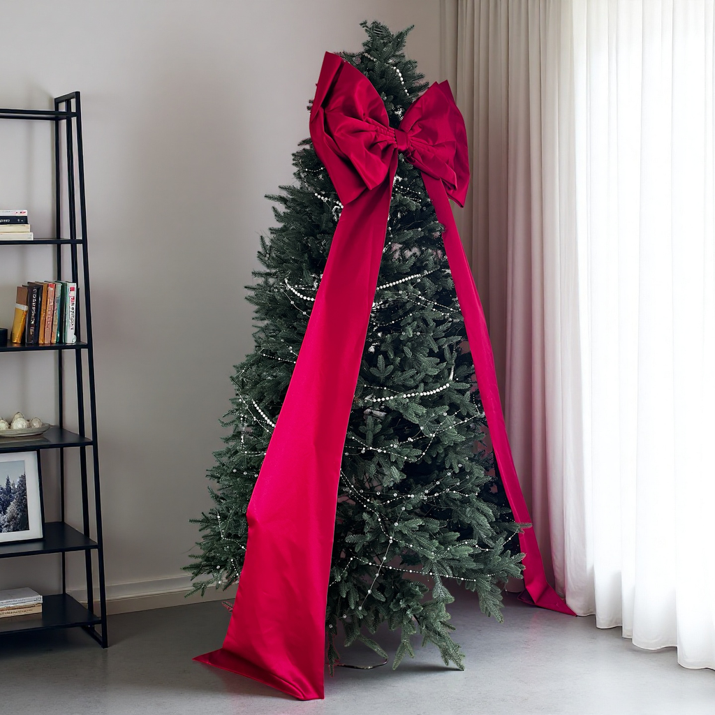 Giant Red Satin Christmas Tree Bow with Extra Long Tails