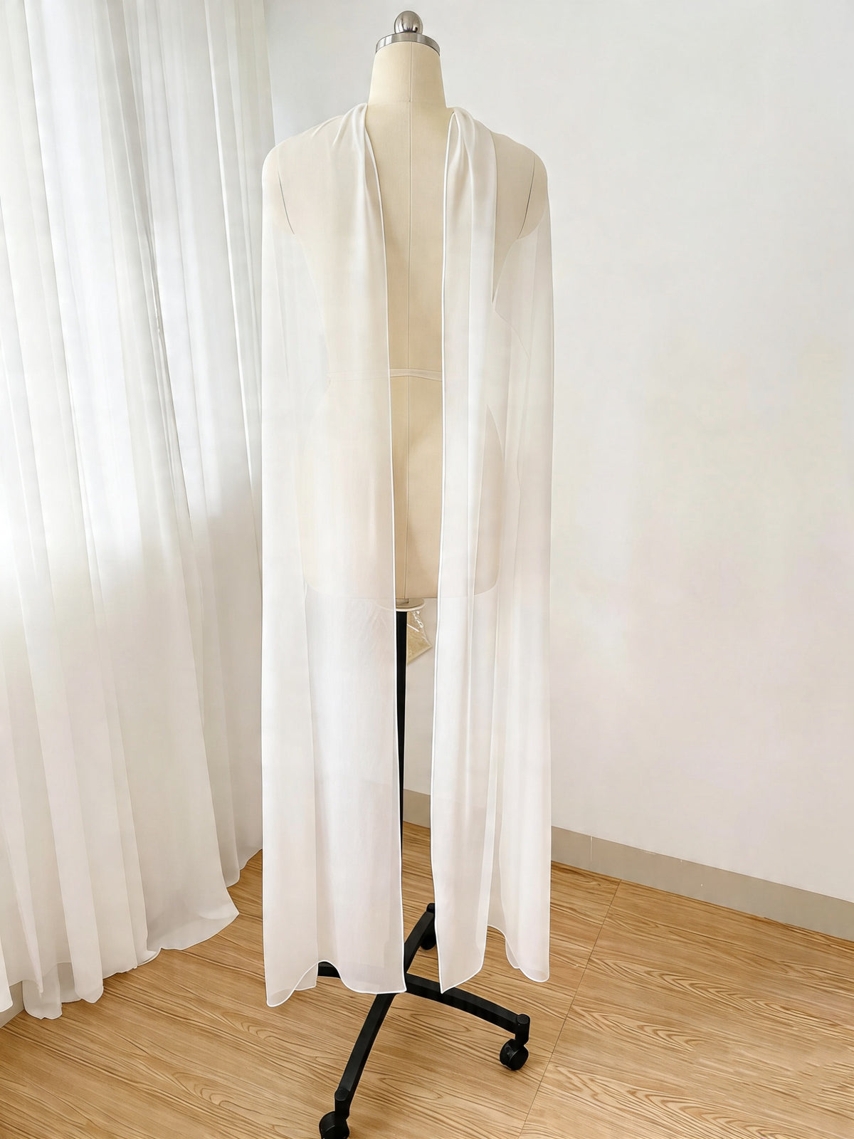 Sheer Chiffon Bridal Cape Shawl – Lightweight Ivory Wedding Cover Up, Flowing Long Back Wrap