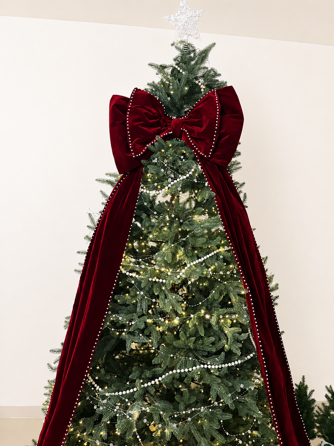 Extra Large Burgundy Velvet Christmas Tree Bow with Pearl Trim