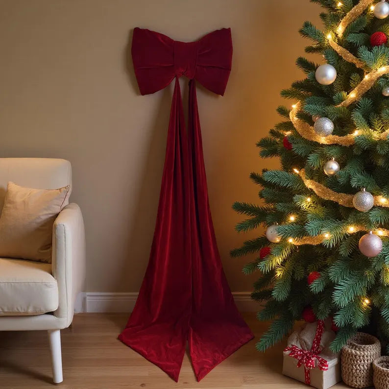 Extra Large Burgundy Velvet Christmas Tree Bow with Pearl Trim