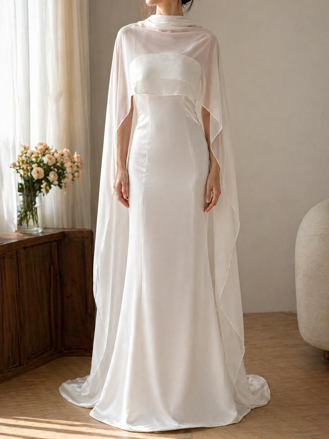 Sheer Chiffon Bridal Cape Shawl – Lightweight Ivory Wedding Cover Up, Flowing Long Back Wrap