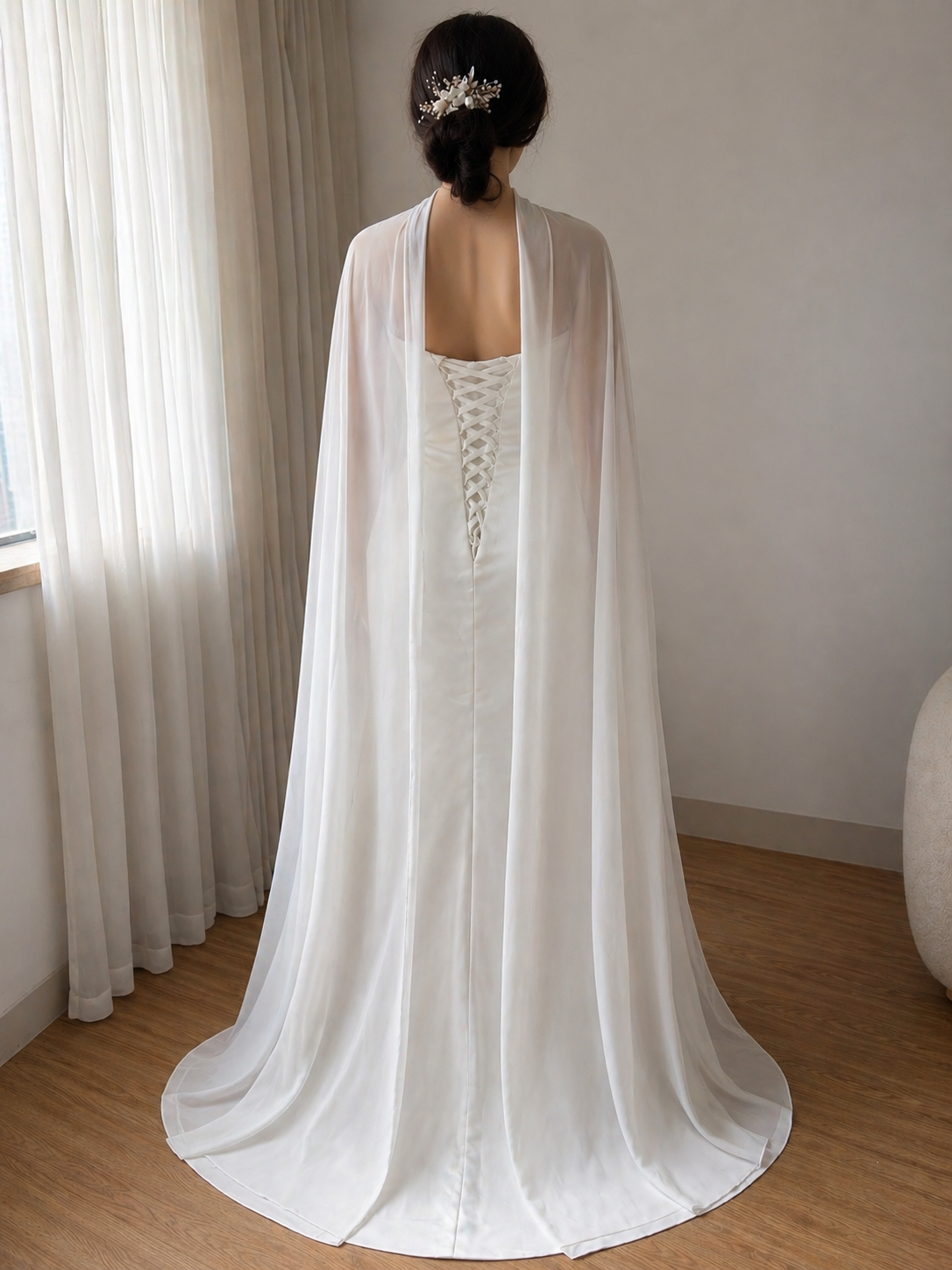 Sheer Chiffon Bridal Cape Shawl – Lightweight Ivory Wedding Cover Up, Flowing Long Back Wrap