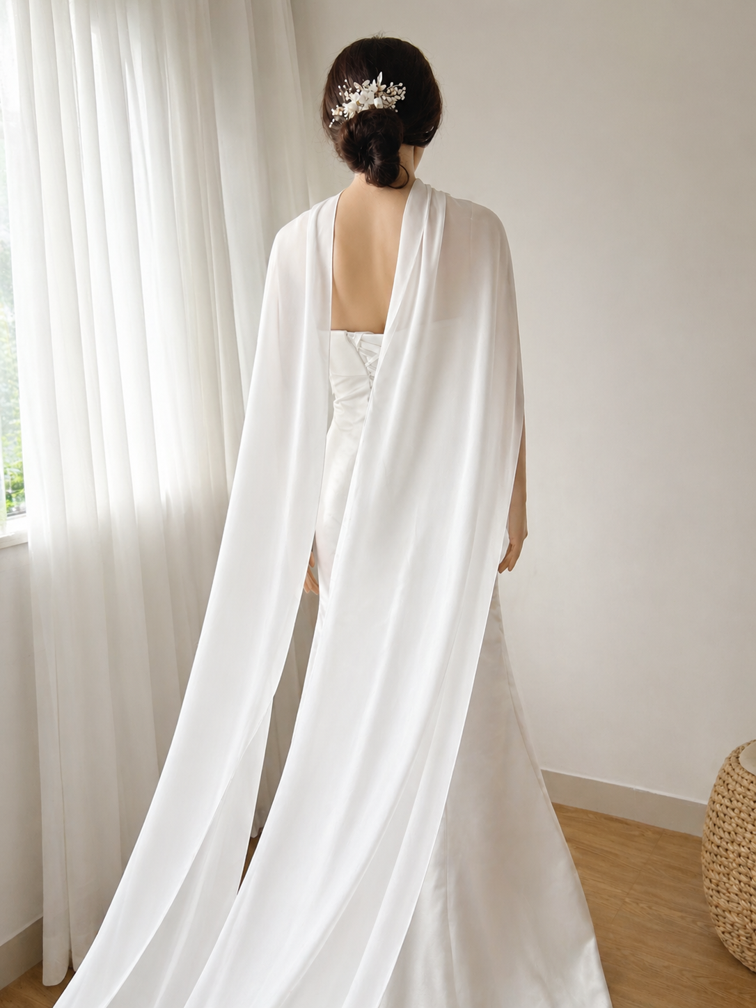 Sheer Chiffon Bridal Cape Shawl – Lightweight Ivory Wedding Cover Up, Flowing Long Back Wrap