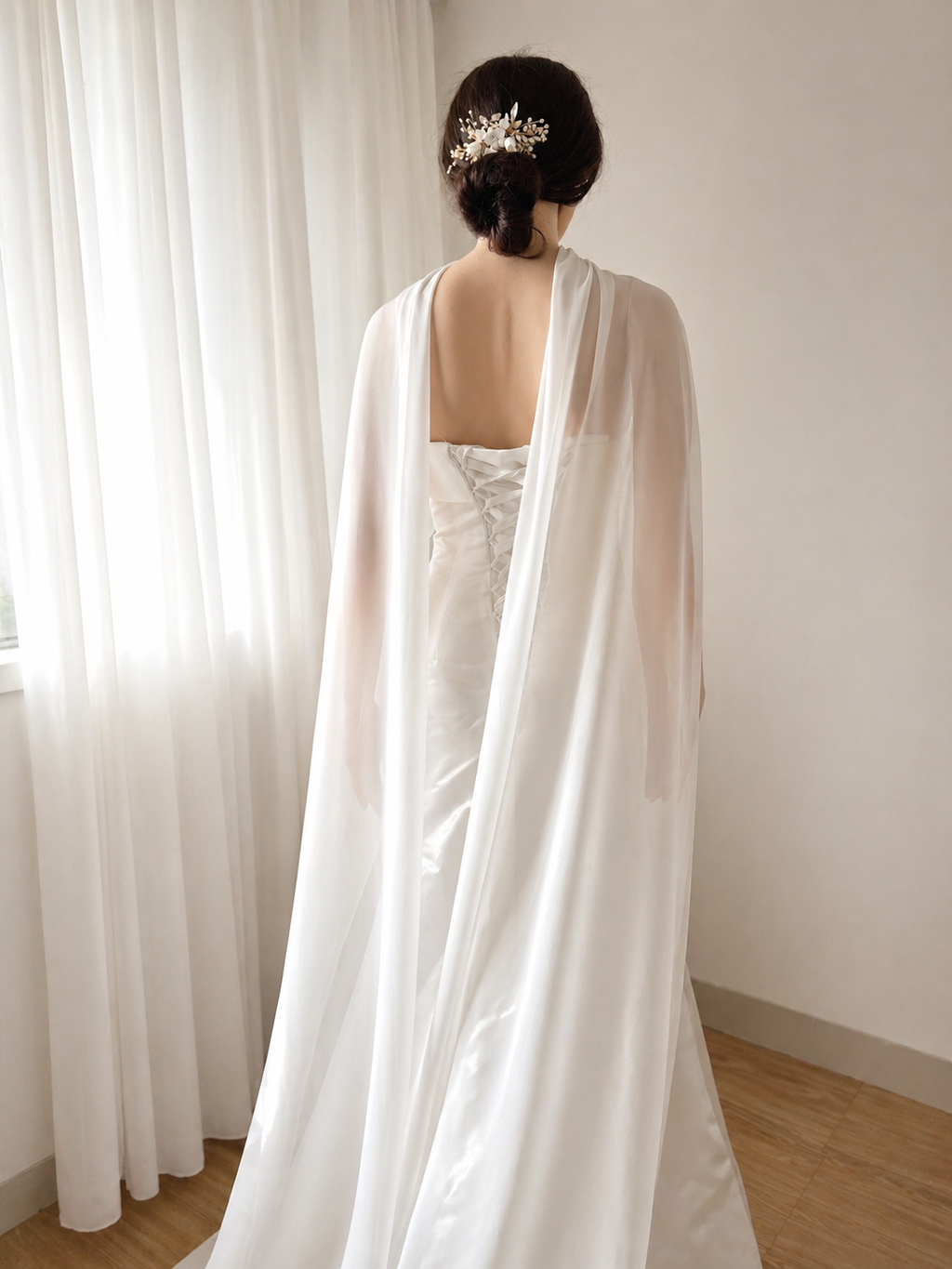 Sheer Chiffon Bridal Cape Shawl – Lightweight Ivory Wedding Cover Up, Flowing Long Back Wrap