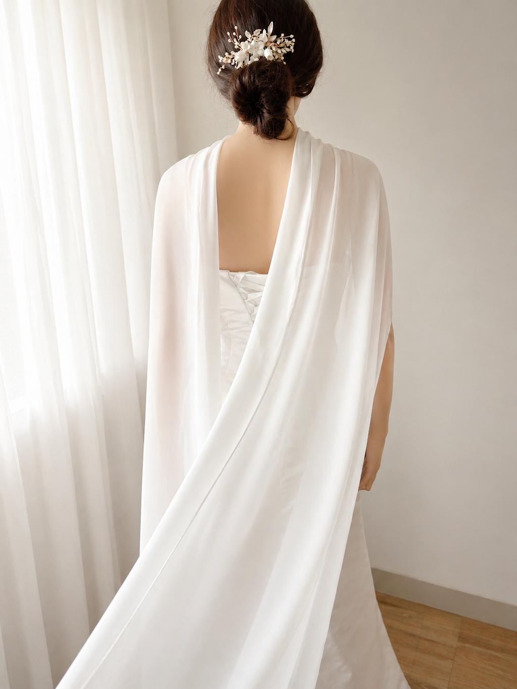 Sheer Chiffon Bridal Cape Shawl – Lightweight Ivory Wedding Cover Up, Flowing Long Back Wrap