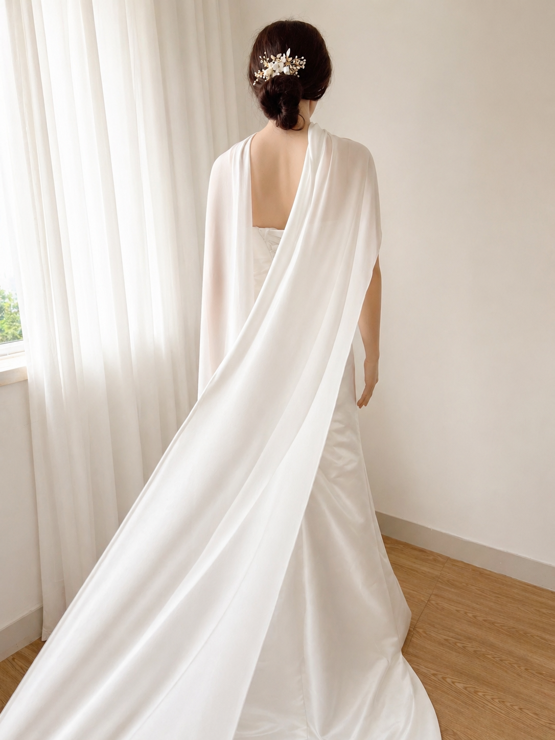 Sheer Chiffon Bridal Cape Shawl – Lightweight Ivory Wedding Cover Up, Flowing Long Back Wrap