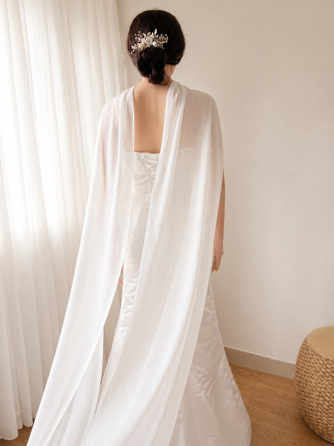 Sheer Chiffon Bridal Cape Shawl – Lightweight Ivory Wedding Cover Up, Flowing Long Back Wrap
