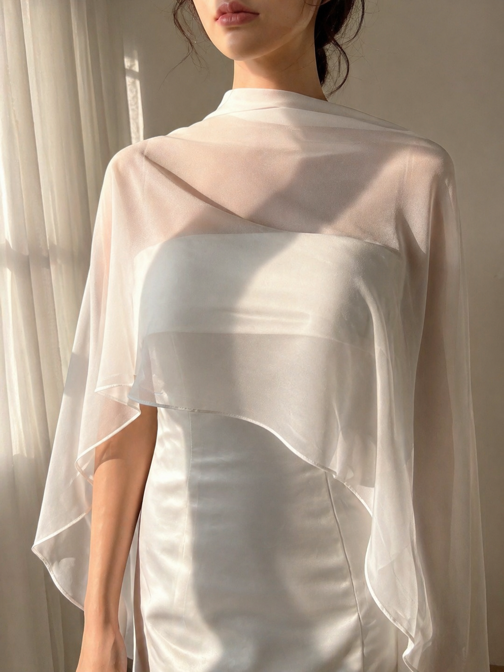 Sheer Chiffon Bridal Cape Shawl – Lightweight Ivory Wedding Cover Up, Flowing Long Back Wrap